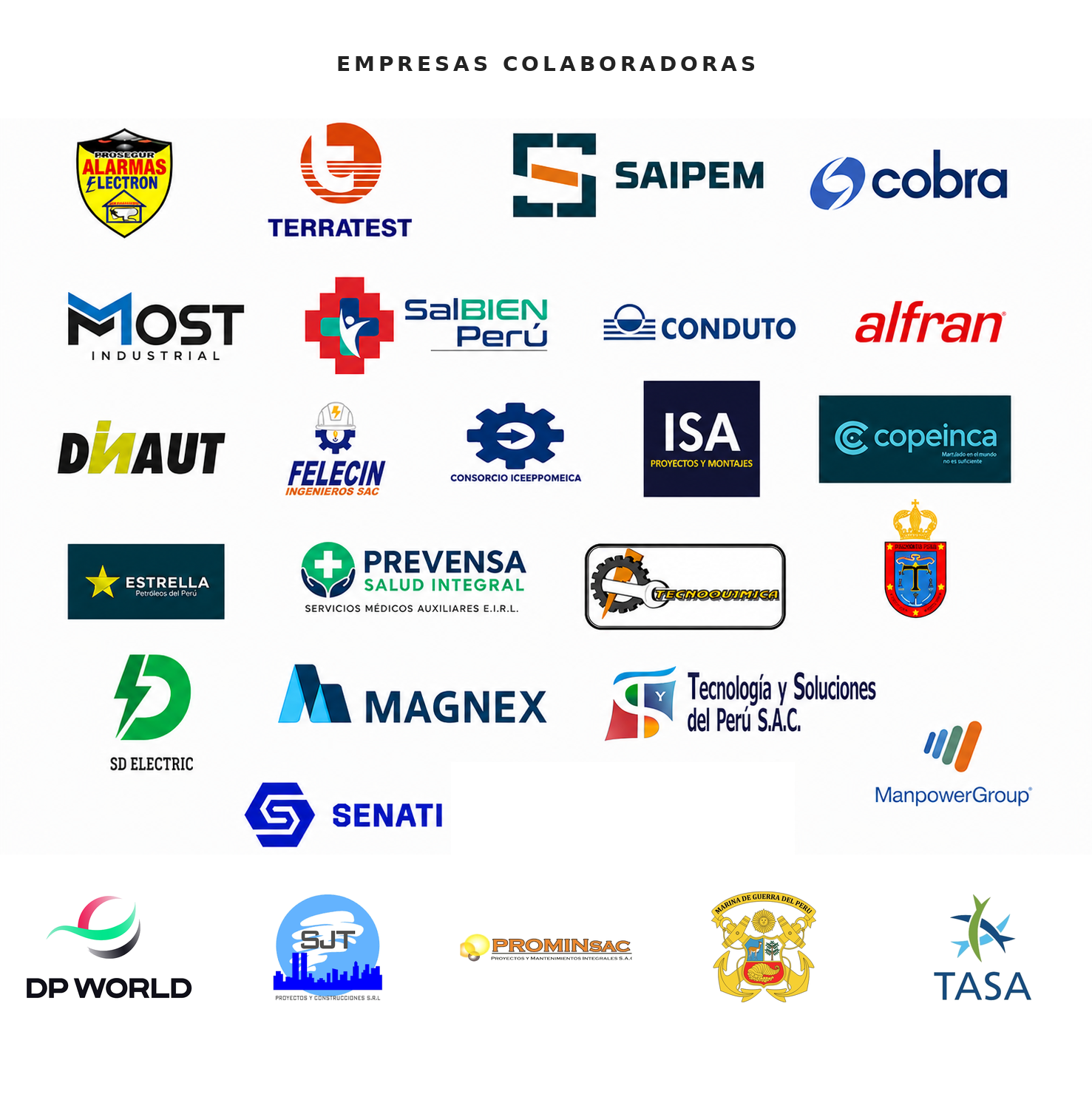 Logos de clientes: Alarmas Electron, Terratest, Saipem, Cobra, Most Industrial, SalBIEN Perú, Conduto, Alfran, Dinaut, Felecin, Consorcio Icsepromeica, ISA Proyectos y Montajes, Copeinca, Estrella, Prevensa Salud Integral, Tecnoquímica, SD Electric, Magnex, Tecnología y Soluciones del Perú, ManpowerGroup